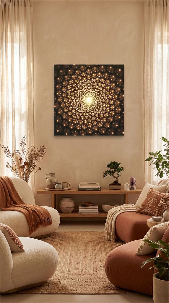 Large fractal art print displayed in a modern living room setting
